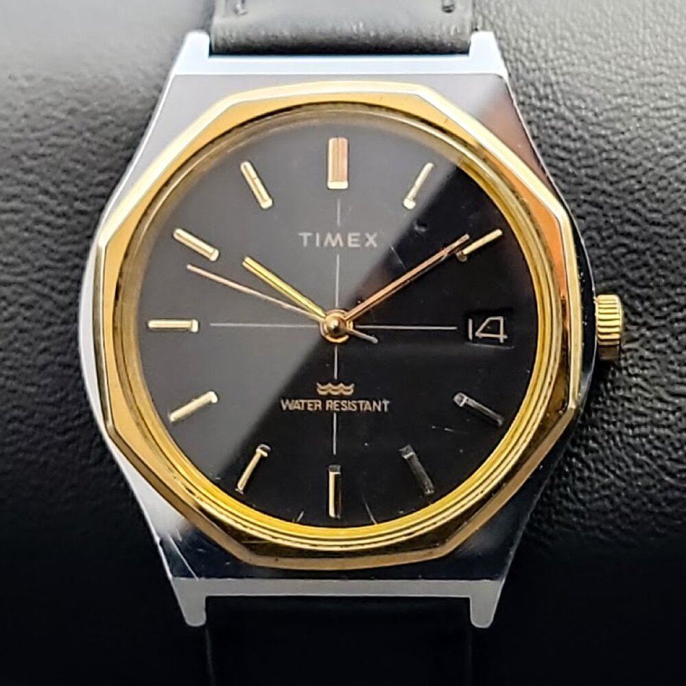 Vintage Timex Royal Oak Mechanical Watch – Black Dial – Gold Bezel – New Strap –